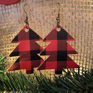 Leather Plaid Christmas Tree Earrings